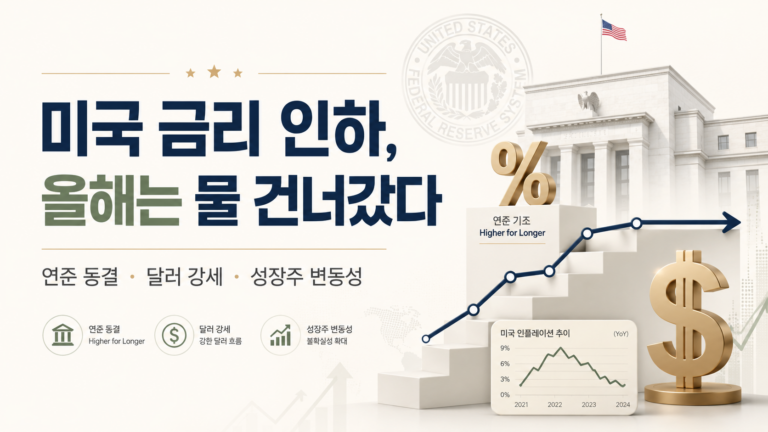 미국 금리 인하 지연과 연준 동결, 달러 강세, 성장주 변동성을 표현한 금융 썸네일 이미지