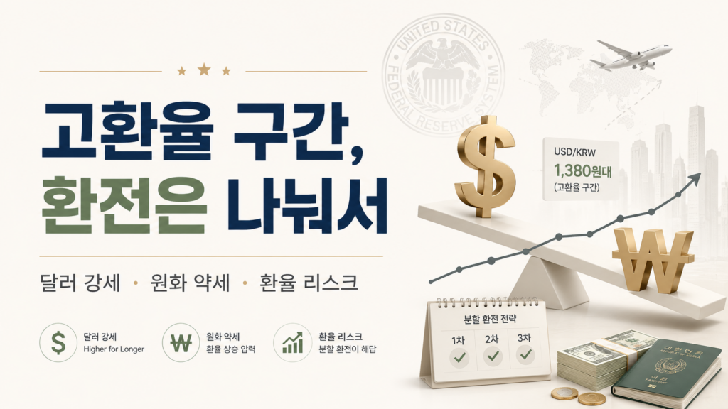 달러 강세와 원화 약세로 고환율 구간에서 분할 환전 전략이 필요한 상황을 표현한 이미지