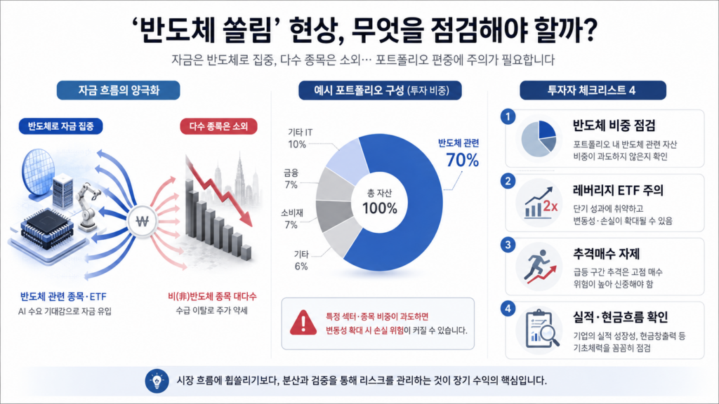 반도체 쏠림 현상에서 개인투자자가 점검할 포트폴리오 비중과 체크리스트를 정리한 인포그래픽