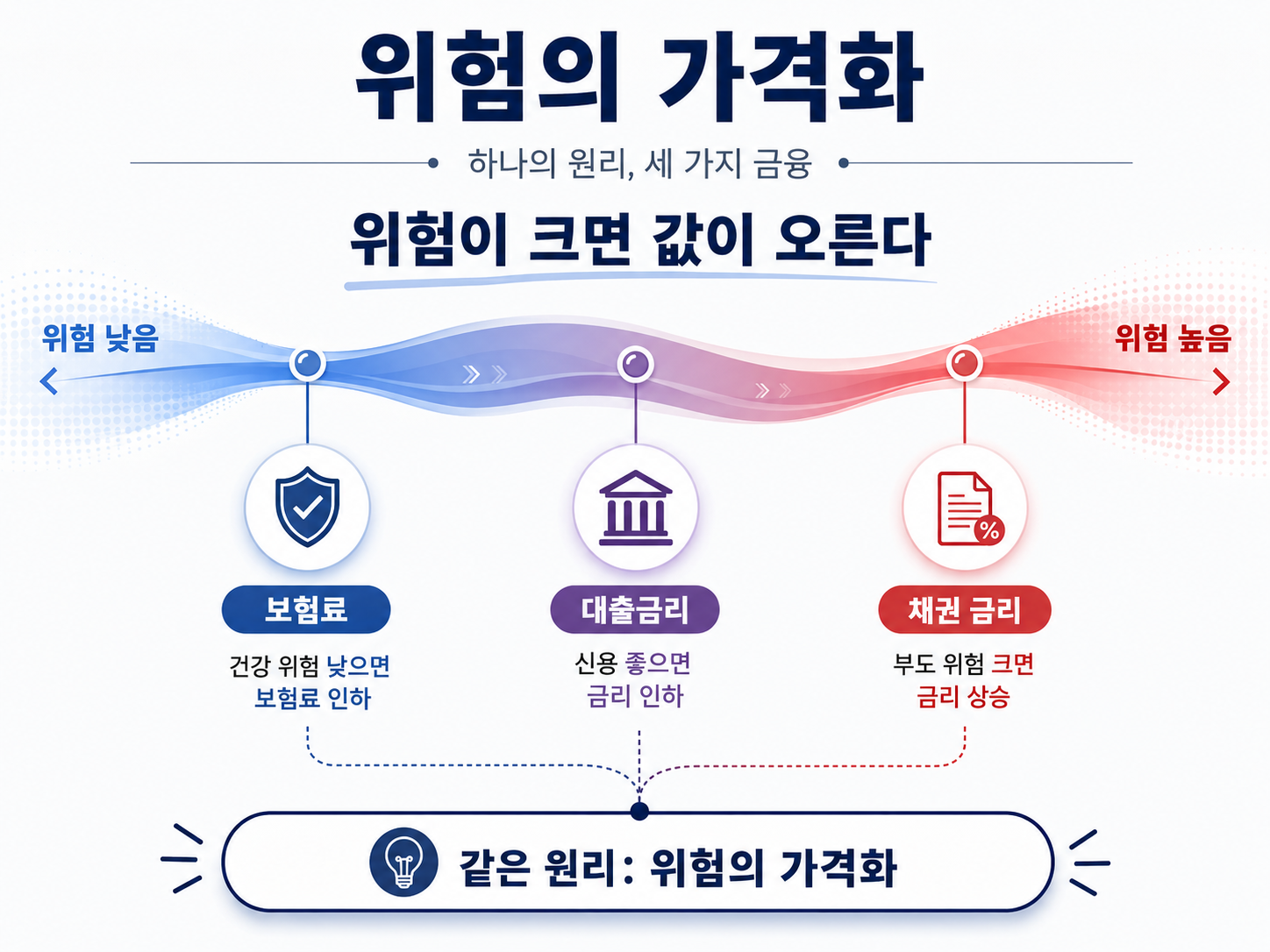 위험의 가격화 원리로 보험료, 대출금리, 채권 금리가 위험이 클수록 값이 오르는 구조를 하나로 연결해 설명한 인포그래픽