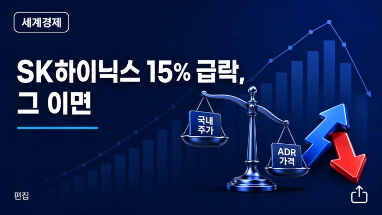 SK하이닉스 주가 급락과 국내 주가·ADR 가격 시차를 저울로 표현한 세계경제 대표 이미지