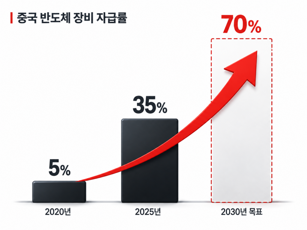 중국 반도체 장비 자급률 2020년 5%에서 2030년 목표 70%까지 상승 추이 인포그래픽