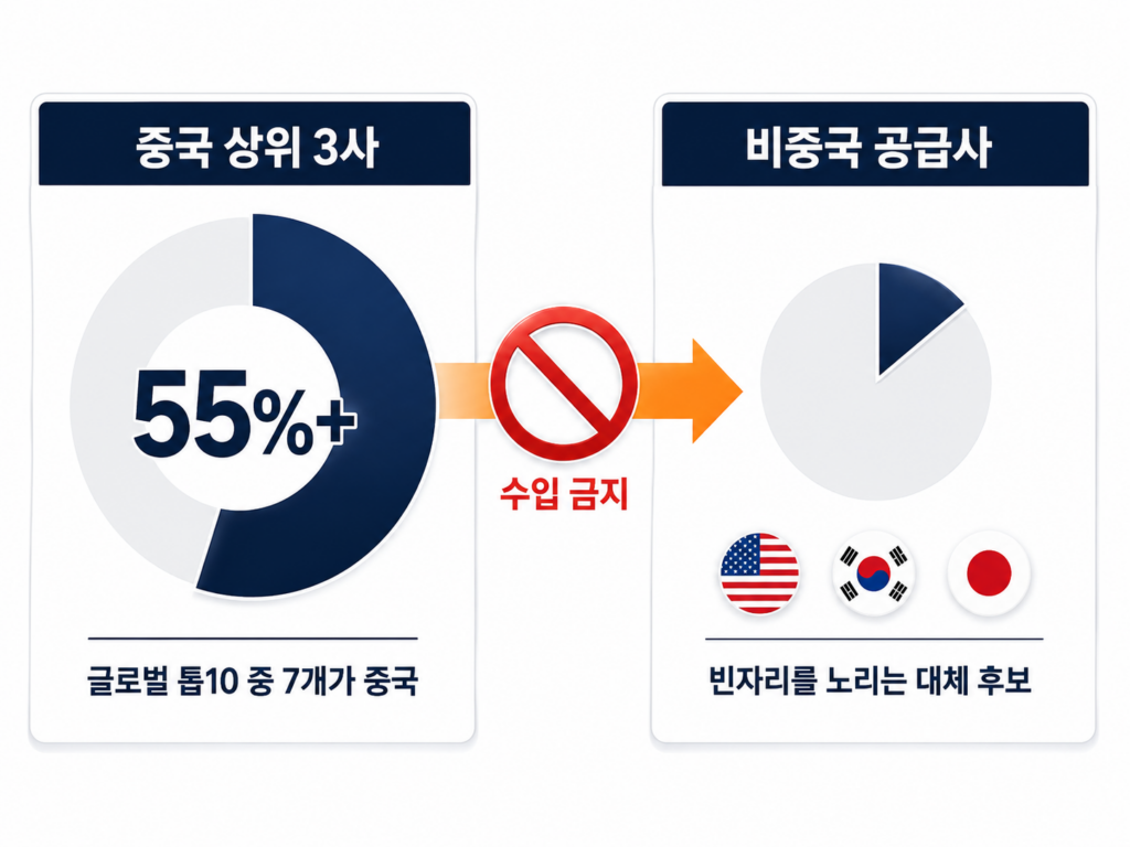 광트랜시버 글로벌 점유율 중국 상위 3사 55% 대 비중국 공급사 비교 인포그래픽