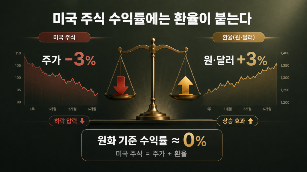 미국 주식 주가 하락과 원달러 환율 상승이 상쇄되는 구조를 저울로 비교한 인포그래픽
