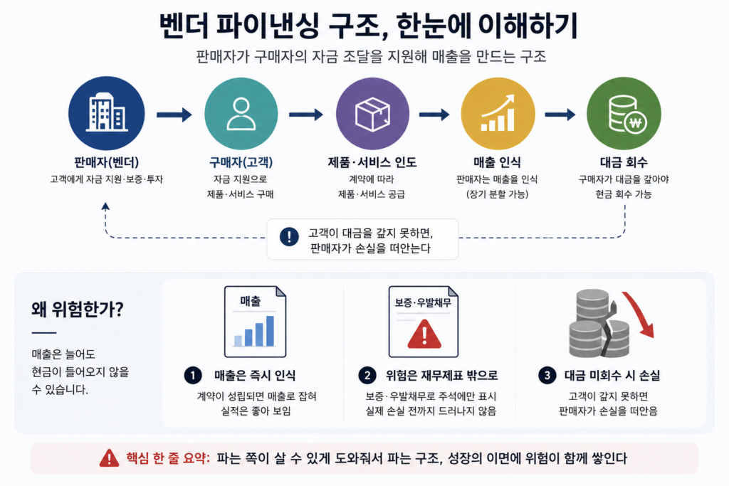 벤더 파이낸싱 구조와 매출·보증 위험 설명